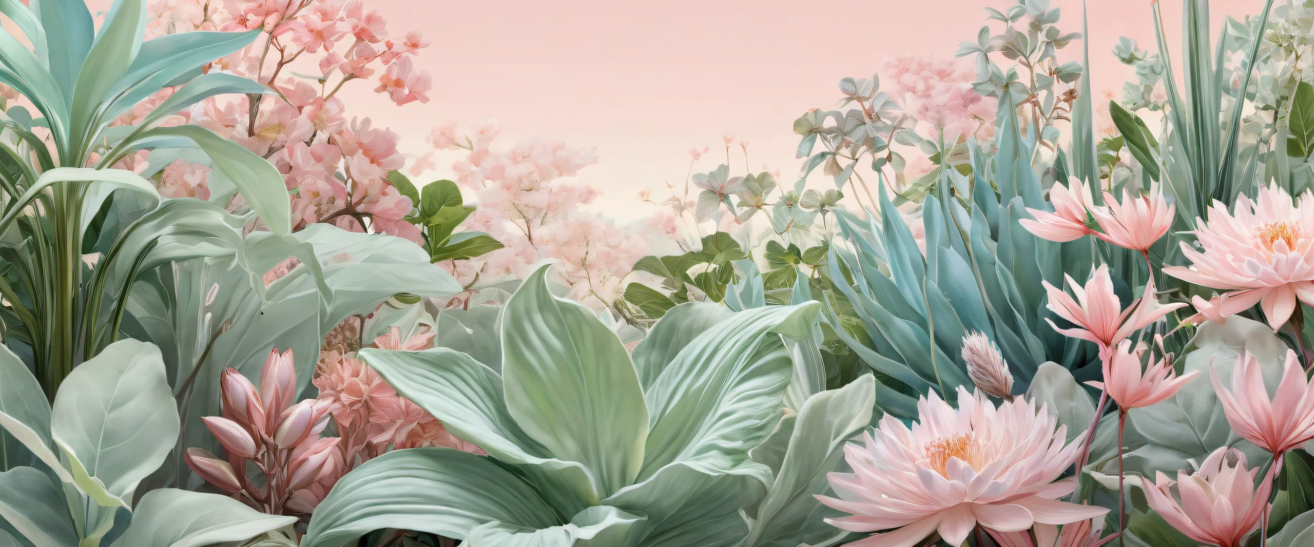 A tranquil botanical desktop featuring lush greenery and natural elements against a pure void backdrop, perfect for your Desktop/PC.