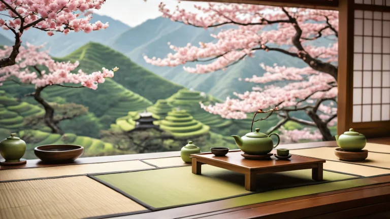 A serene tea ceremony scene on a desktop or PC, featuring radiant stone lanterns and a vast pure void.
