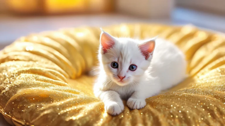 A stunning desktop image featuring a kitten on a soft, fuzzy bed against a vast, pure void with ethereal lighting and brilliant colors.