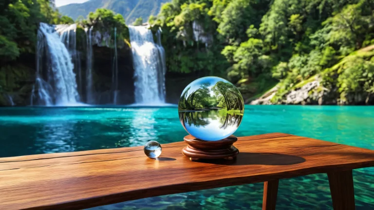 A serene waterfall surrounded by a vast, pure void on a desktop/PC, with a worn wooden table and crystal ball.