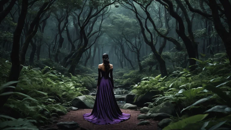 Serene forest atmosphere with a woman surrounded by nature's beauty on a desktop or PC.
