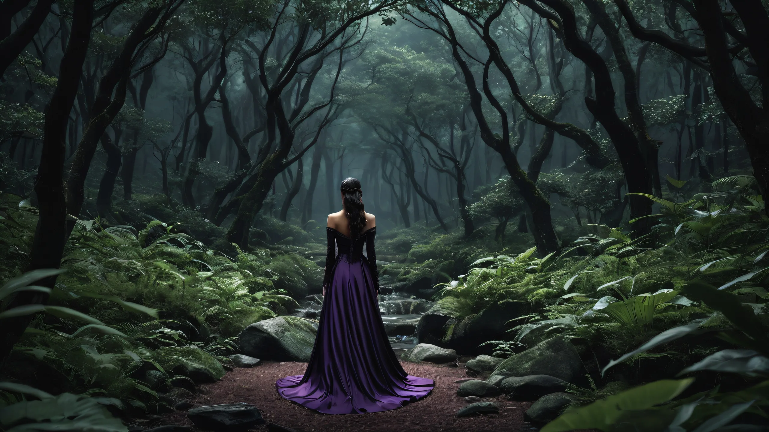 Serene forest atmosphere with a woman surrounded by nature's beauty on a desktop or PC.