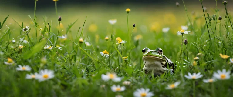 Desktop/PC wallpaper featuring a serene meadow with a centered frog and soft wildflowers against a vast pure void, suitable for screen readers.