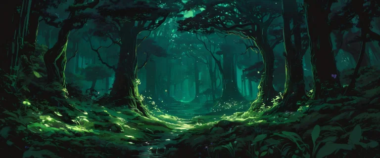 A serene desktop scene featuring Link amidst a magical forest canopy on a pure void, perfect for your Desktop/PC.