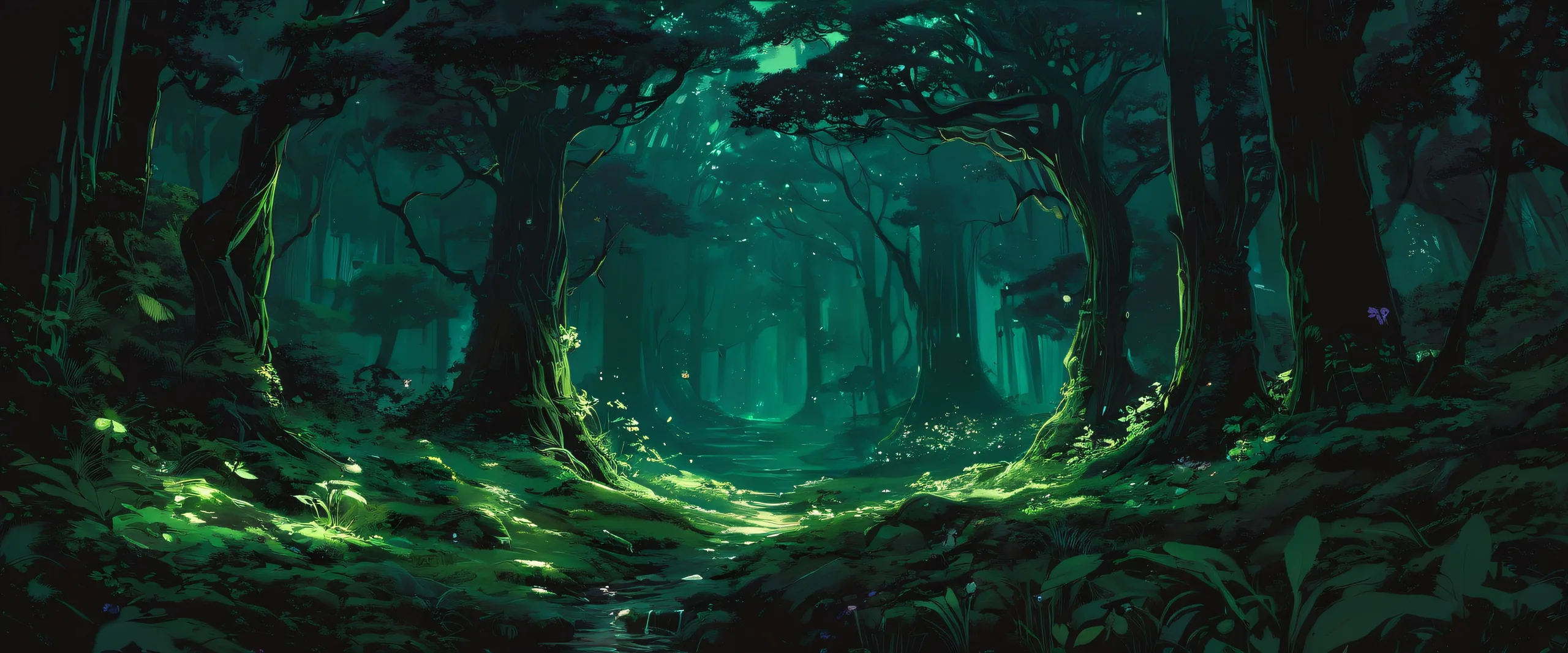 A serene desktop scene featuring Link amidst a magical forest canopy on a pure void, perfect for your Desktop/PC.