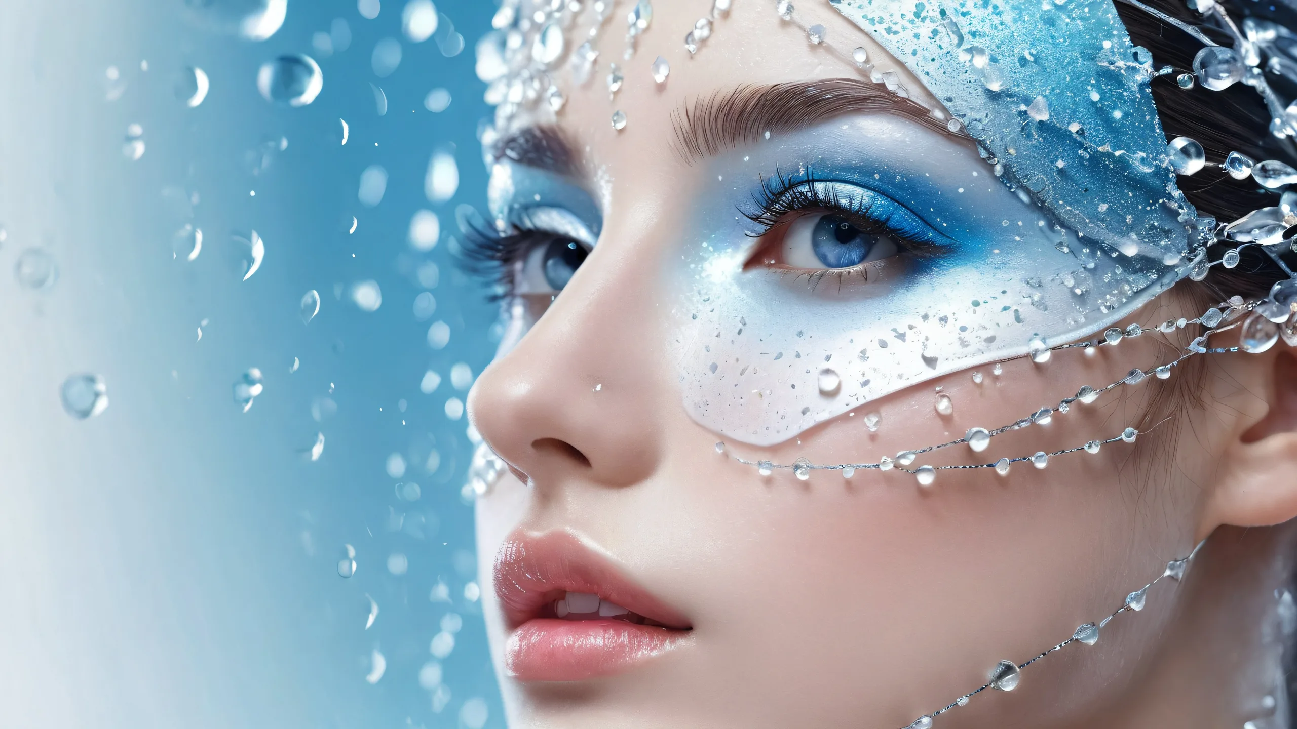 Masked heroine in a void with rain droplets and ethereal lighting on a desktop/pc