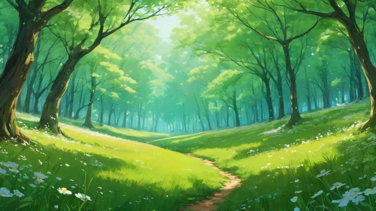 A serene meadow at the forest's edge on a pristine desktop for PC or laptop, featuring pastel greens and creamy whites.