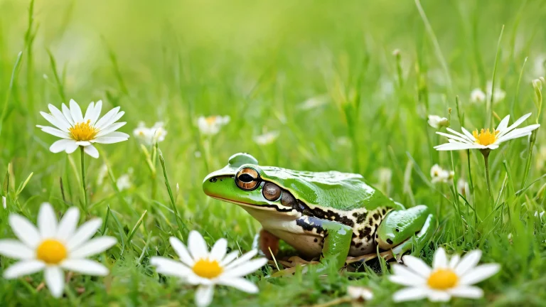 A serene meadow scene with a frog amidst soft wildflowers and green grass on a vast, reine Leere, perfekt für Desktop-/PC-Hintergründe.
