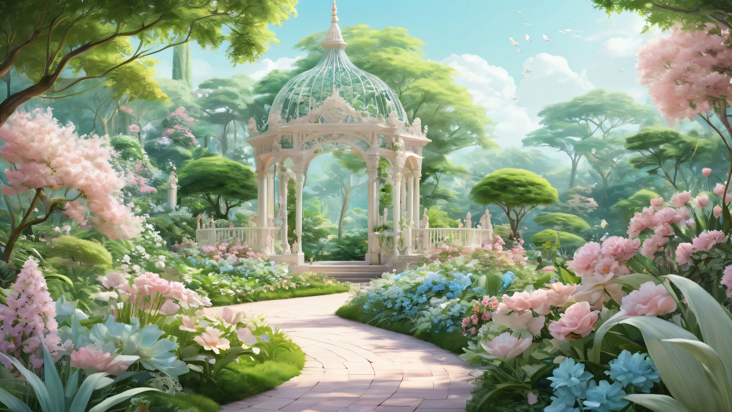 A serene botanical garden on a pristine desktop/pc background with radiant pastel colors and intricate details.