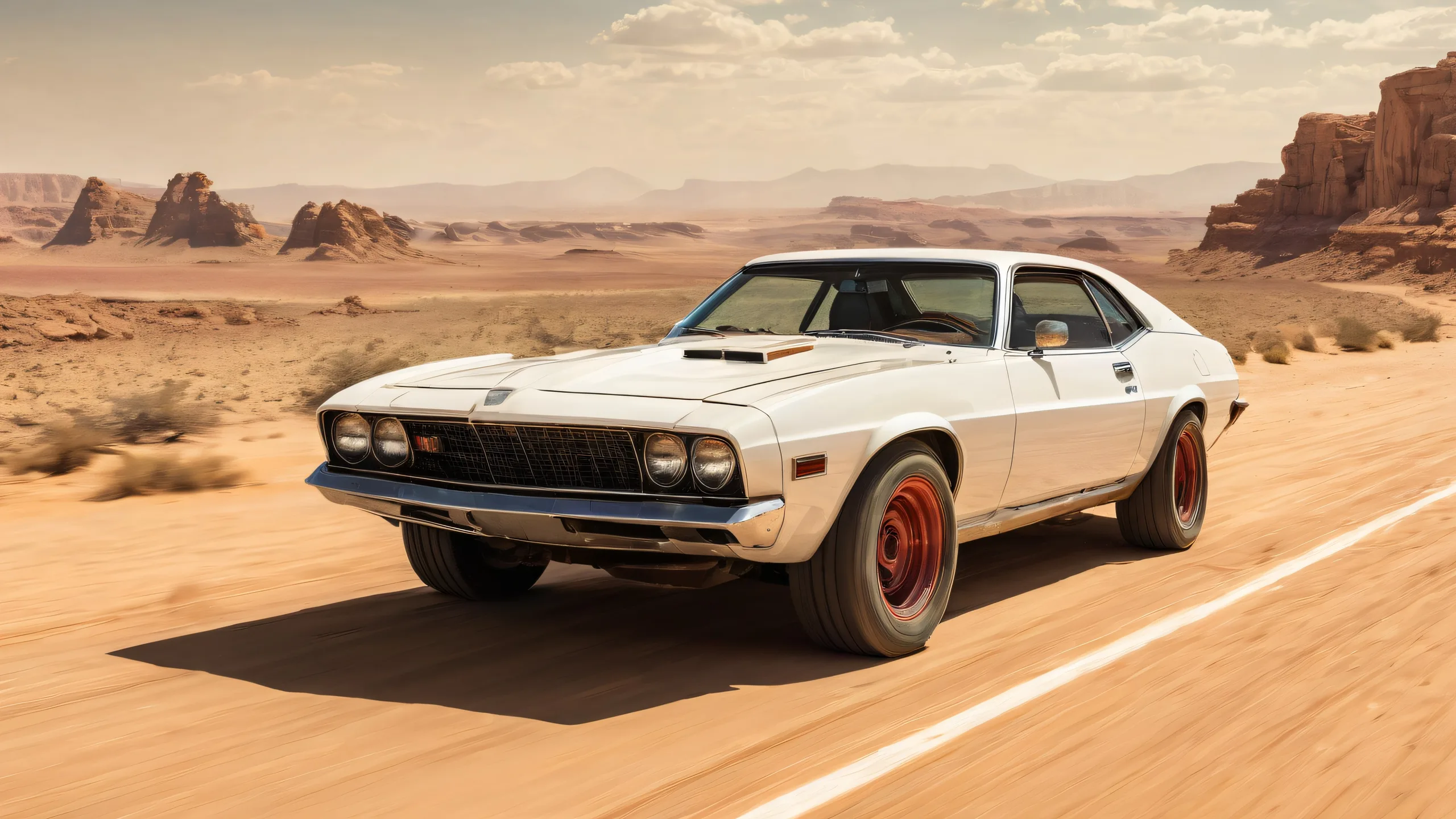 Desktop/PC wallpaper of White Cat in a post-apocalyptic Mad Maxx world on the hood of a car, with a vast pure void background.