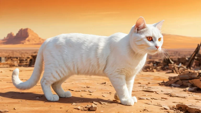 A serene white cat standing in a post-apocalyptic wasteland with a vast pure void background, suitable for desktop/pc use.
