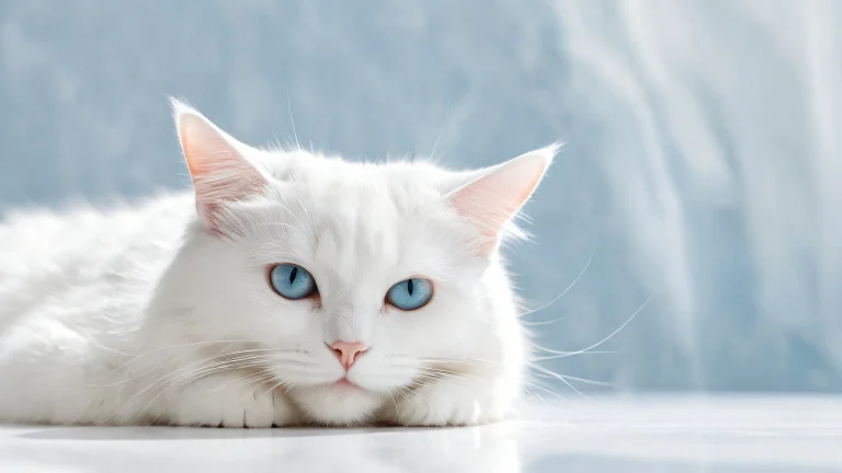 A serene White Cat amidst a vast, puro vacío, ideal para tu escritorio/PC.