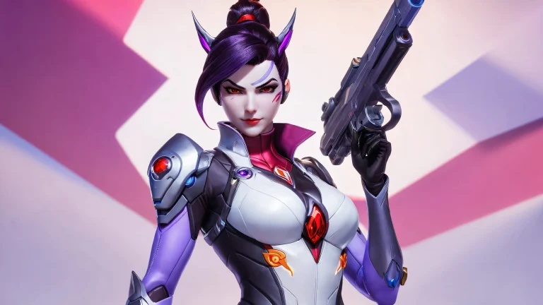 A stunning desktop wallpaper of Widowmaker in a deep red and metallic silver environment with high contrast black accents, set against a pristine void backdrop for a macOS-like aesthetic.