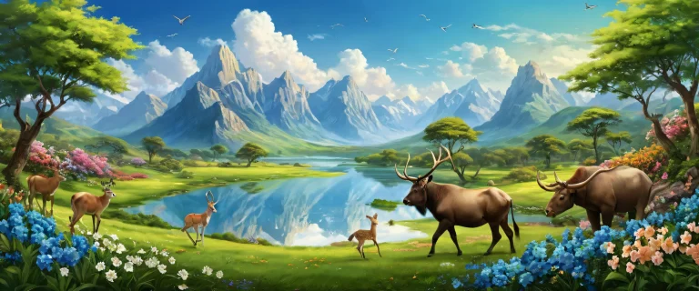 A serene desktop scene featuring animals and flowers against a pure void, perfect for your PC or Desktop.