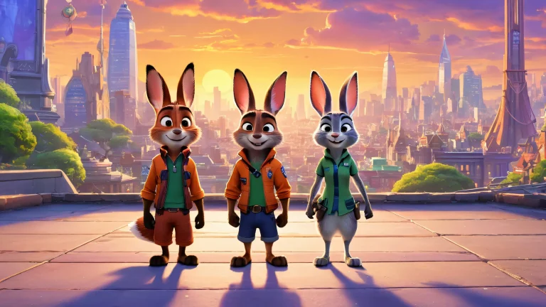 Nick Wilde and Judy Hopps on a pristine desktop background with cityscape hint in the background, adapté à une utilisation de bureau/PC.