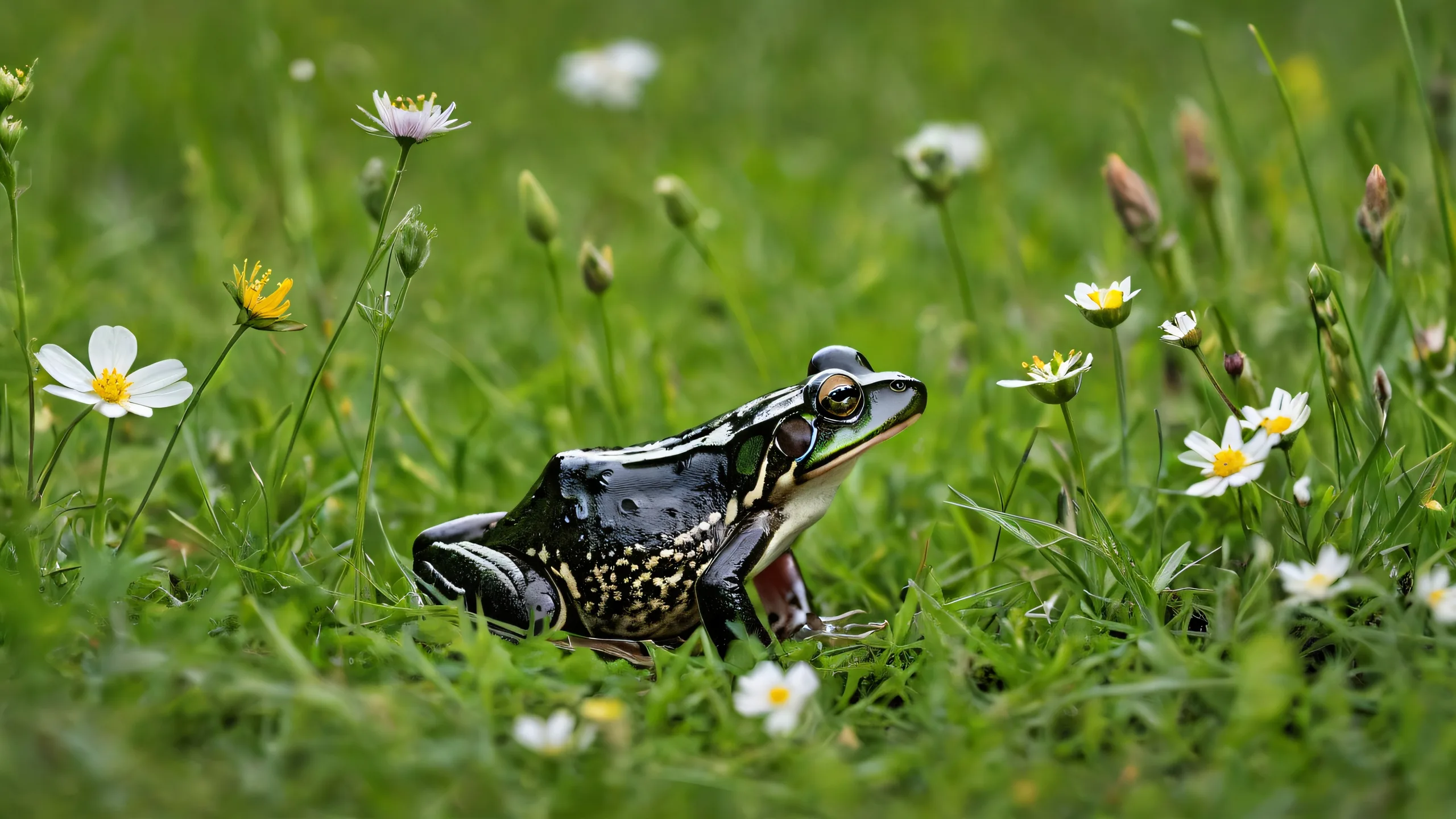 Fantasy desktop wallpaper of a serene meadow with wildflowers and green grass for your PC or Desktop/PC, featuring sleek dark mode aesthetic.
