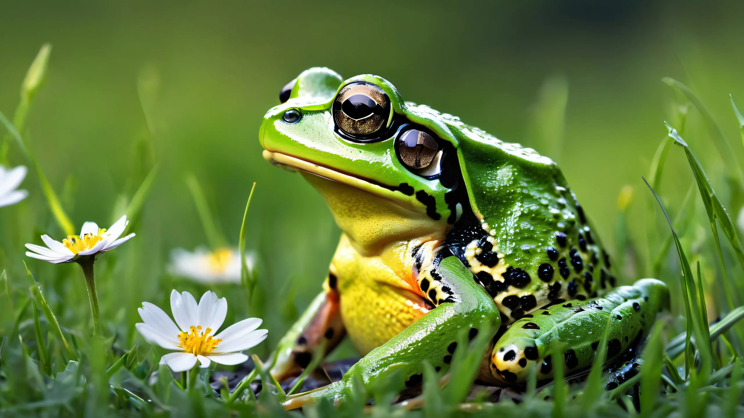 Frog amidst soft wildflowers and green grass on a pristine desktop/pc background