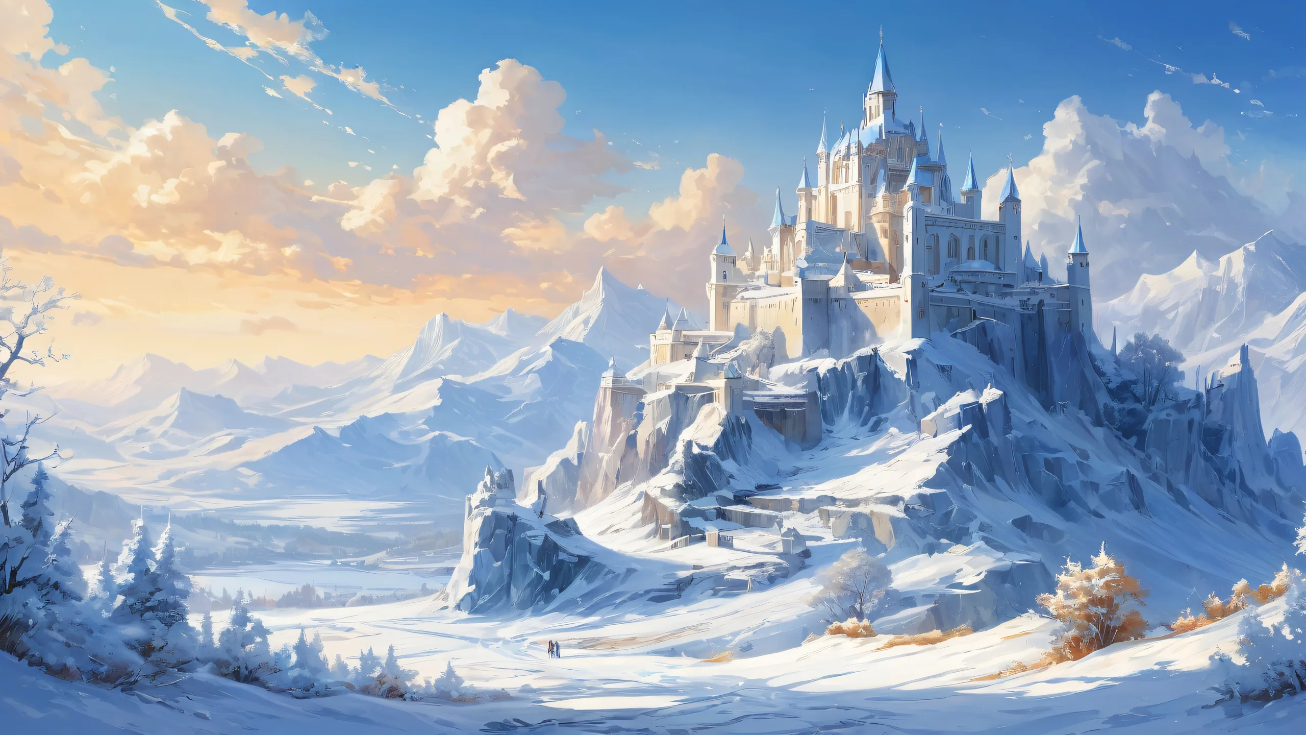 A majestic citadel in a harsh winter landscape with deep snow and frost, suitable for desktop/pc use.