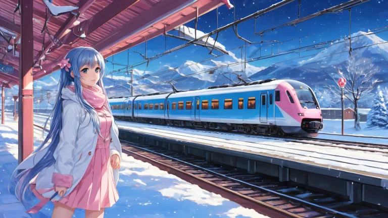 Anime girls amidst a breathtaking winter scene with a train station in the background, perfect for desktop use on PC or Desktop/PC.