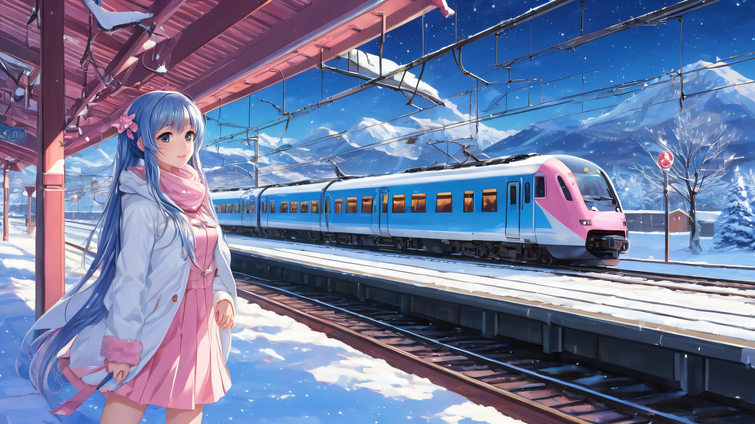 Anime girls amidst a breathtaking winter scene with a train station in the background, perfect for desktop use on PC or Desktop/PC.