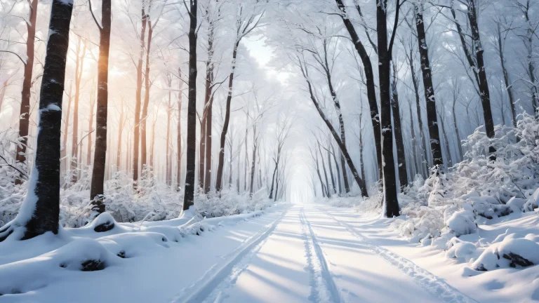 A serene winter forest desktop backdrop for PCs and laptops, featuring a vast expanse of snow-dusted road and ethereal lighting.