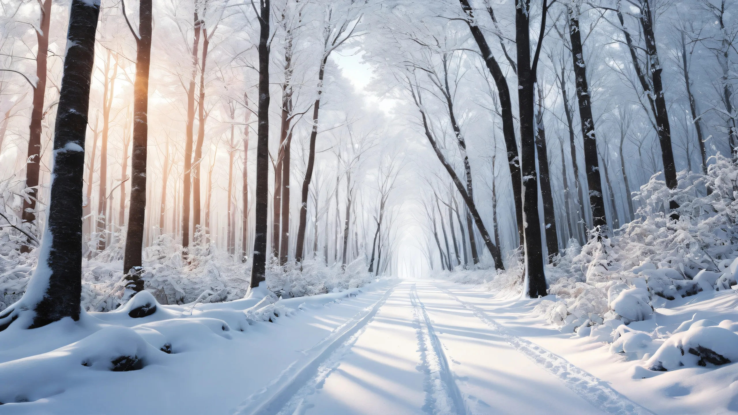A serene winter forest desktop backdrop for PCs and laptops, featuring a vast expanse of snow-dusted road and ethereal lighting.