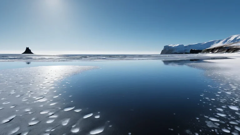 A breathtaking desktop wallpaper of Black Sand Beach, depicting a vast expanse of pure white snow cover on a frozen winter landscape, with deep depth of field and ethereal lighting.