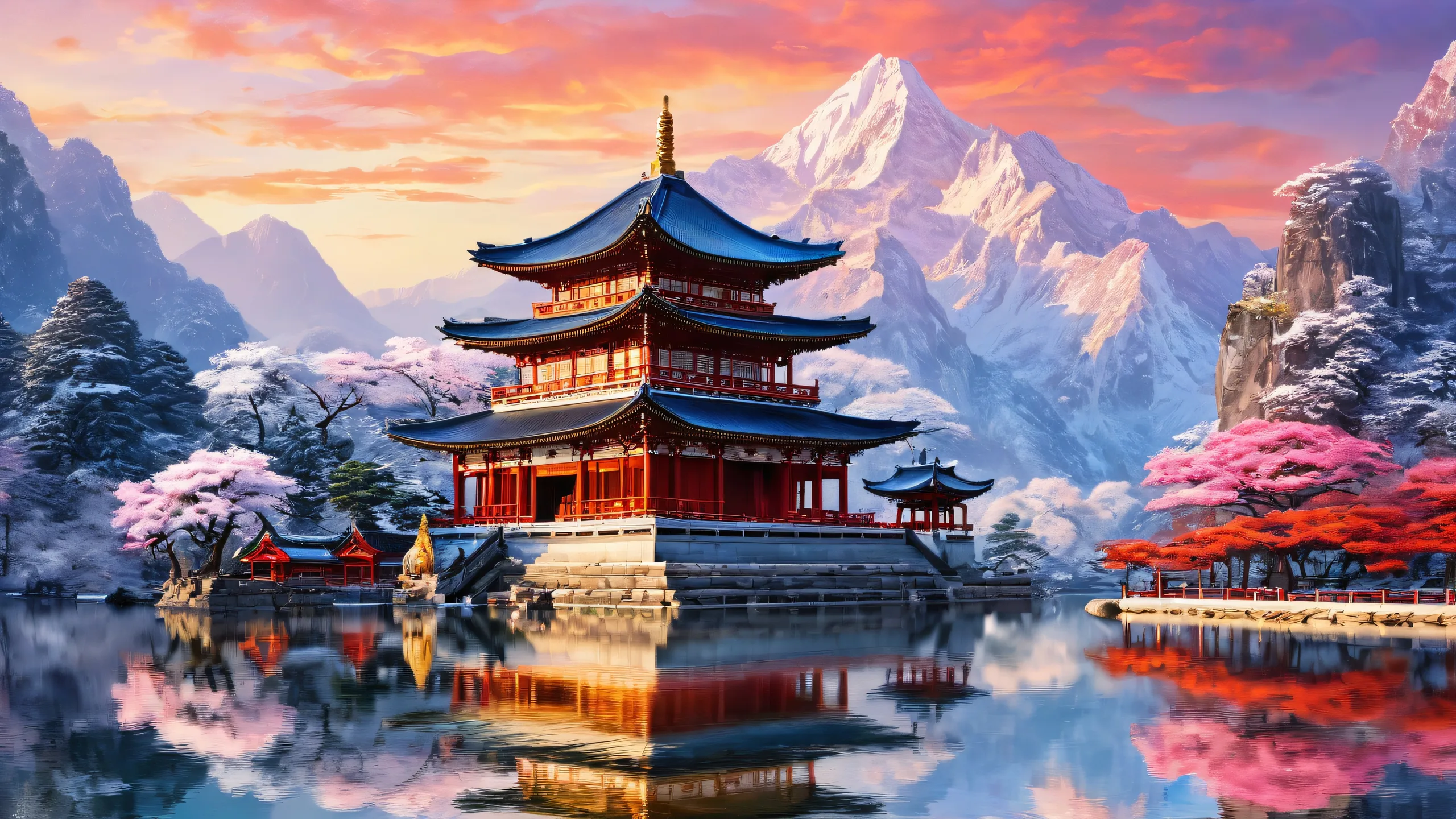 A serene winter landscape on a desktop/pc background with an East Asian temple, featuring radiant colors and reflections.