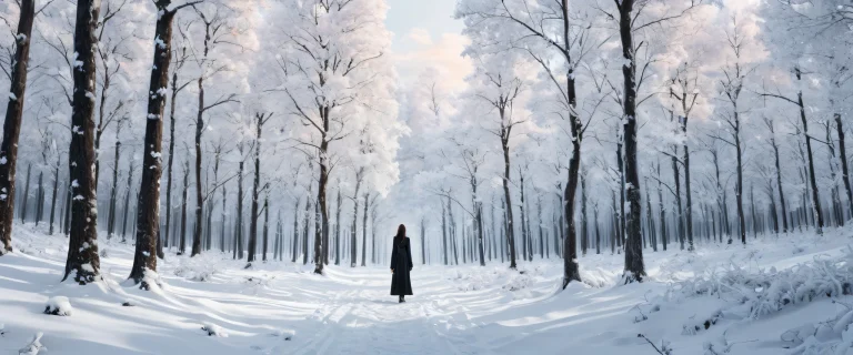 Ethereal winter forest scene of solitary woman with pure void, perfect for desktop/pc backgrounds.
