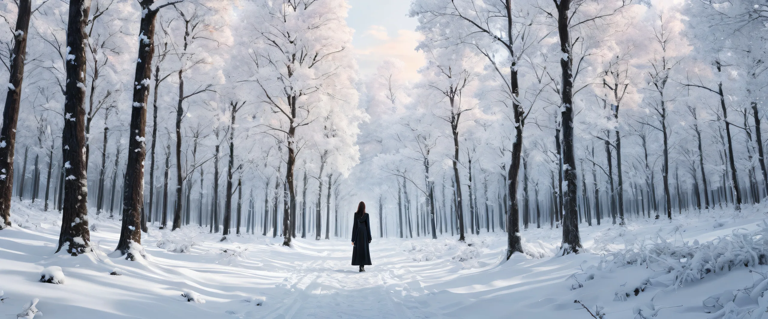 Ethereal winter forest scene of solitary woman with pure void, perfect for desktop/pc backgrounds.