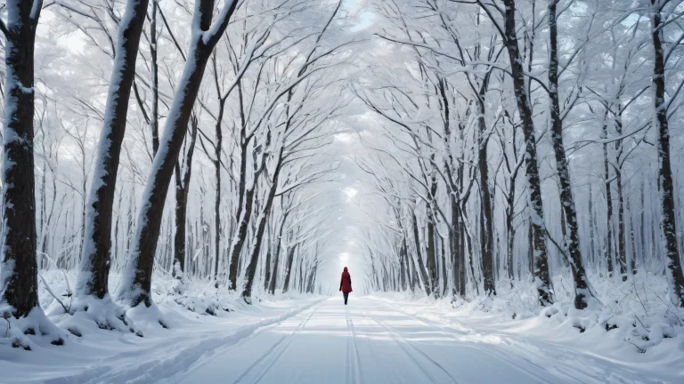 Ethereal winter forest with a solitary woman, pristine clarity, and cinematic flair for the desktop or PC.