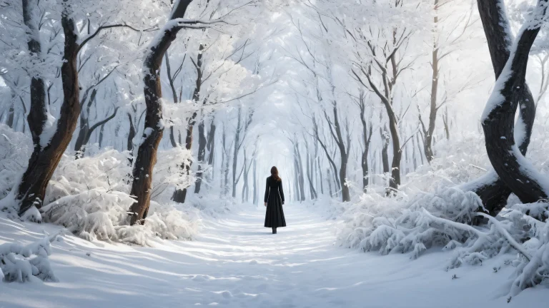 A serene and peaceful winter forest desktop wallpaper for PCs and desktops, featuring a solitary woman amidst a desolate yet majestic landscape.