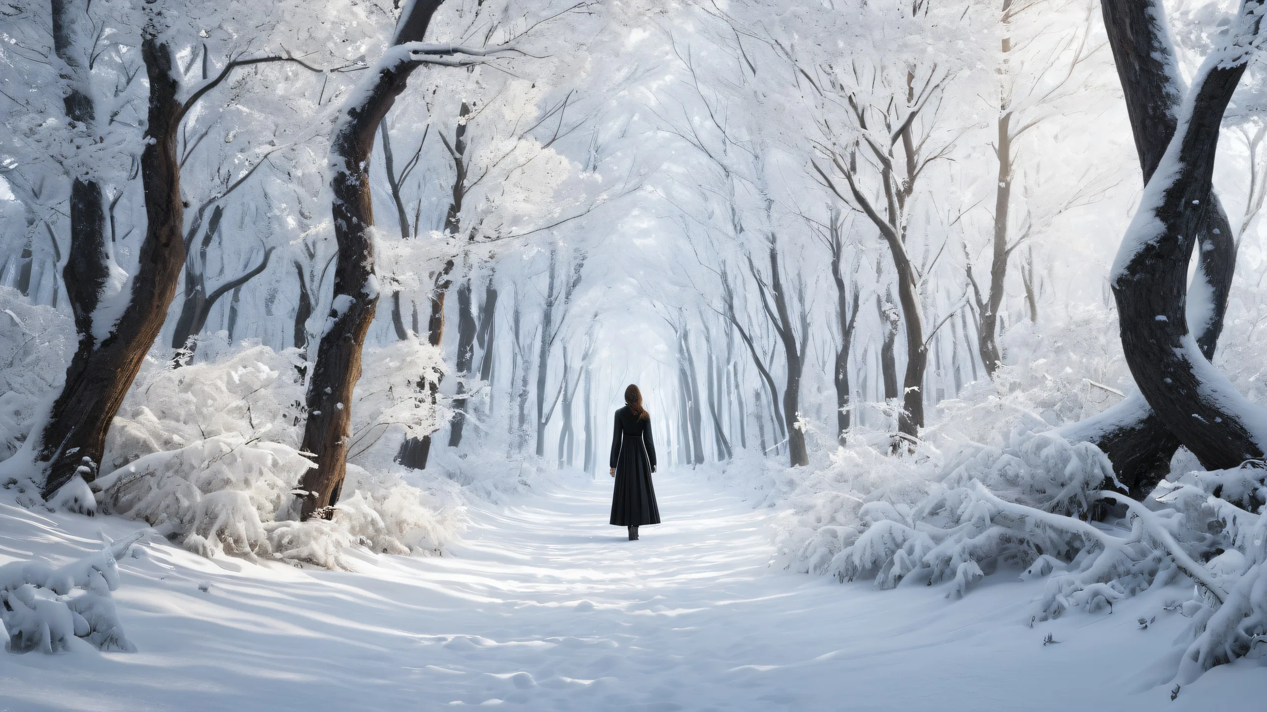 A serene and peaceful winter forest desktop wallpaper for PCs and desktops, featuring a solitary woman amidst a desolate yet majestic landscape.
