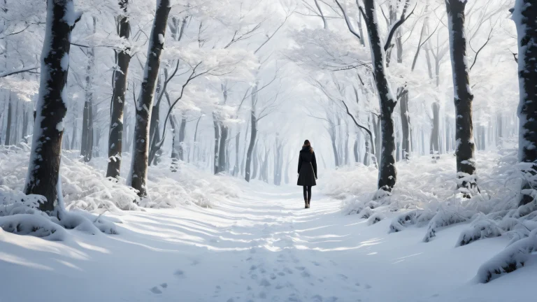 A serene winter forest scene for Desktop/PC with a solitary woman, showcasing pristine clarity and cinematic film grain.