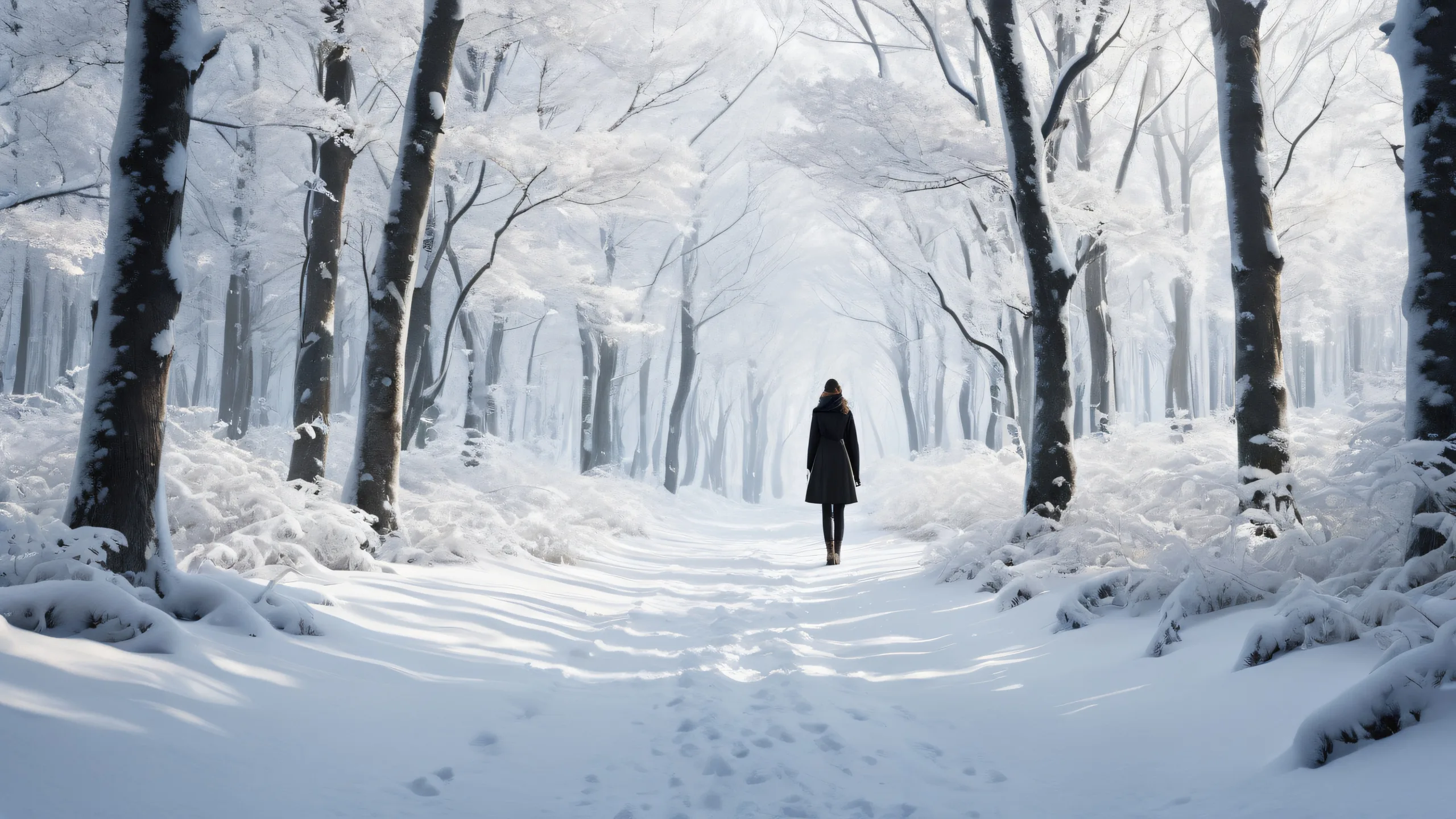 A serene winter forest scene for Desktop/PC with a solitary woman, showcasing pristine clarity and cinematic film grain.