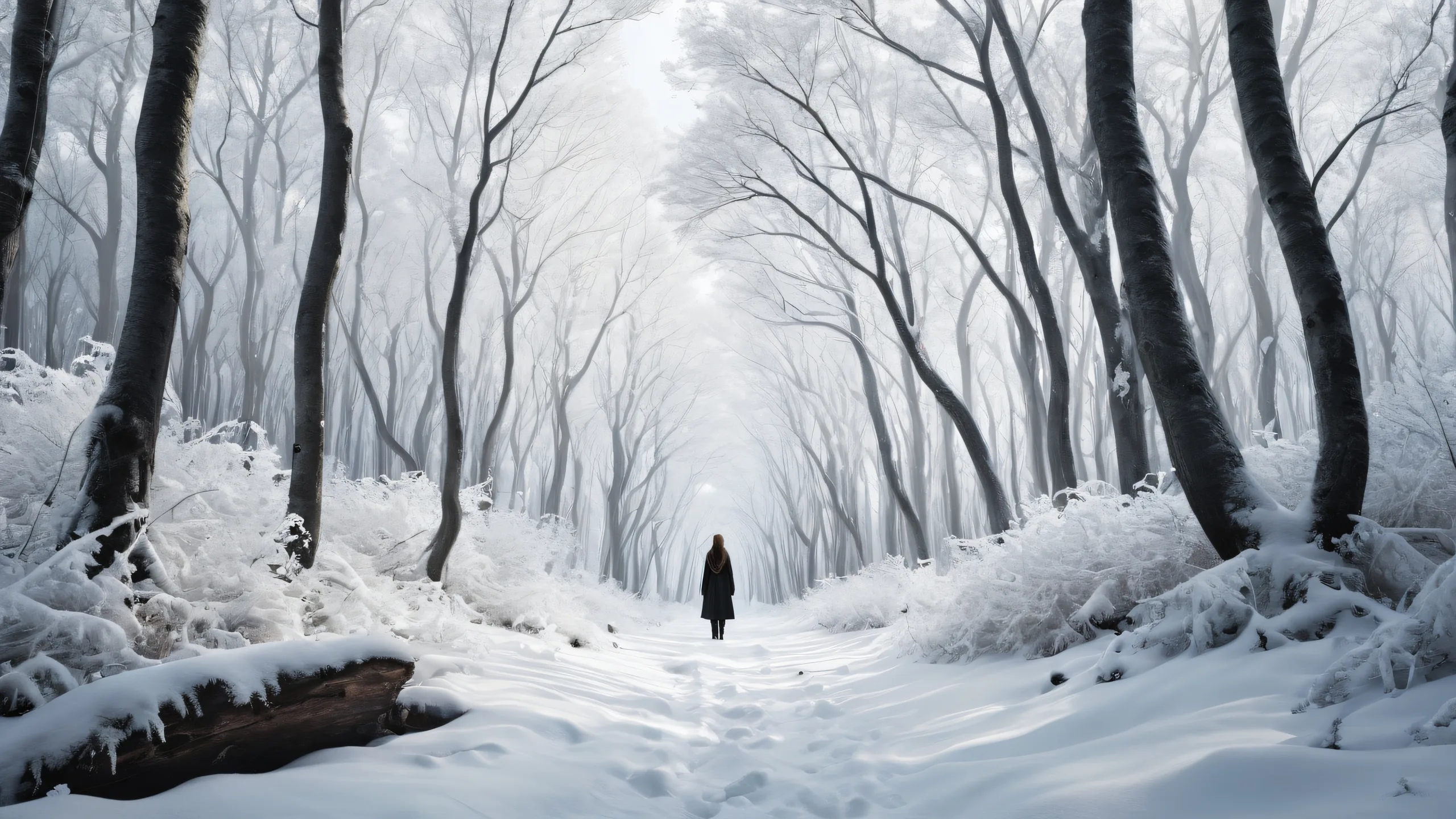 A serene black and white desktop wallpaper featuring a solitary woman in a desolate winter forest, perfect for macOS or PC.
