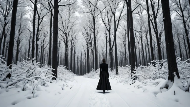 A serene winter forest scene featuring a solitary woman amidst deep blacks and crisp contrast for optimal desktop viewing on PCs.
