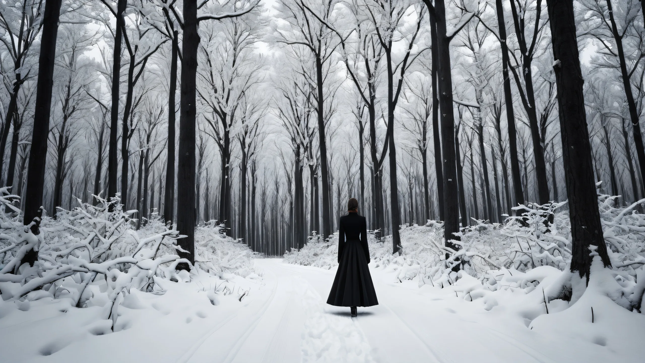 A serene winter forest scene featuring a solitary woman amidst deep blacks and crisp contrast for optimal desktop viewing on PCs.