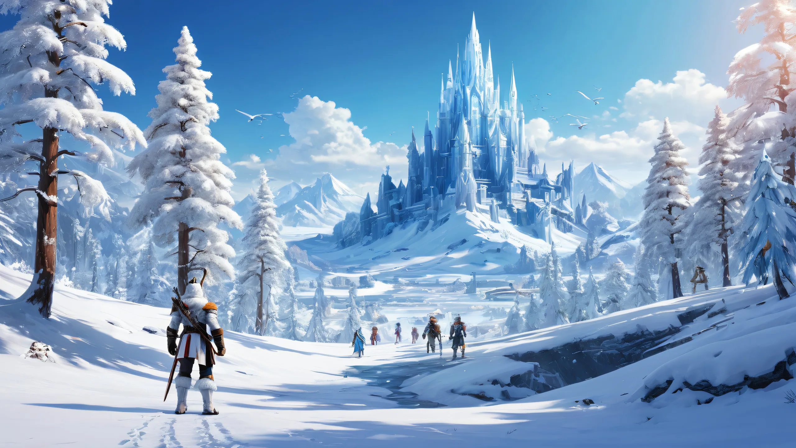 Breathtaking desktop wallpaper of video game characters standing amidst a pristine winter wonderland on Desktop/PC.