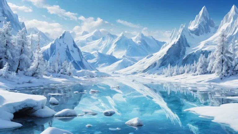 A breathtaking blizzard scene on a pure white desktop/pc, capturing the essence of winter with ethereal lighting and radiant colors.