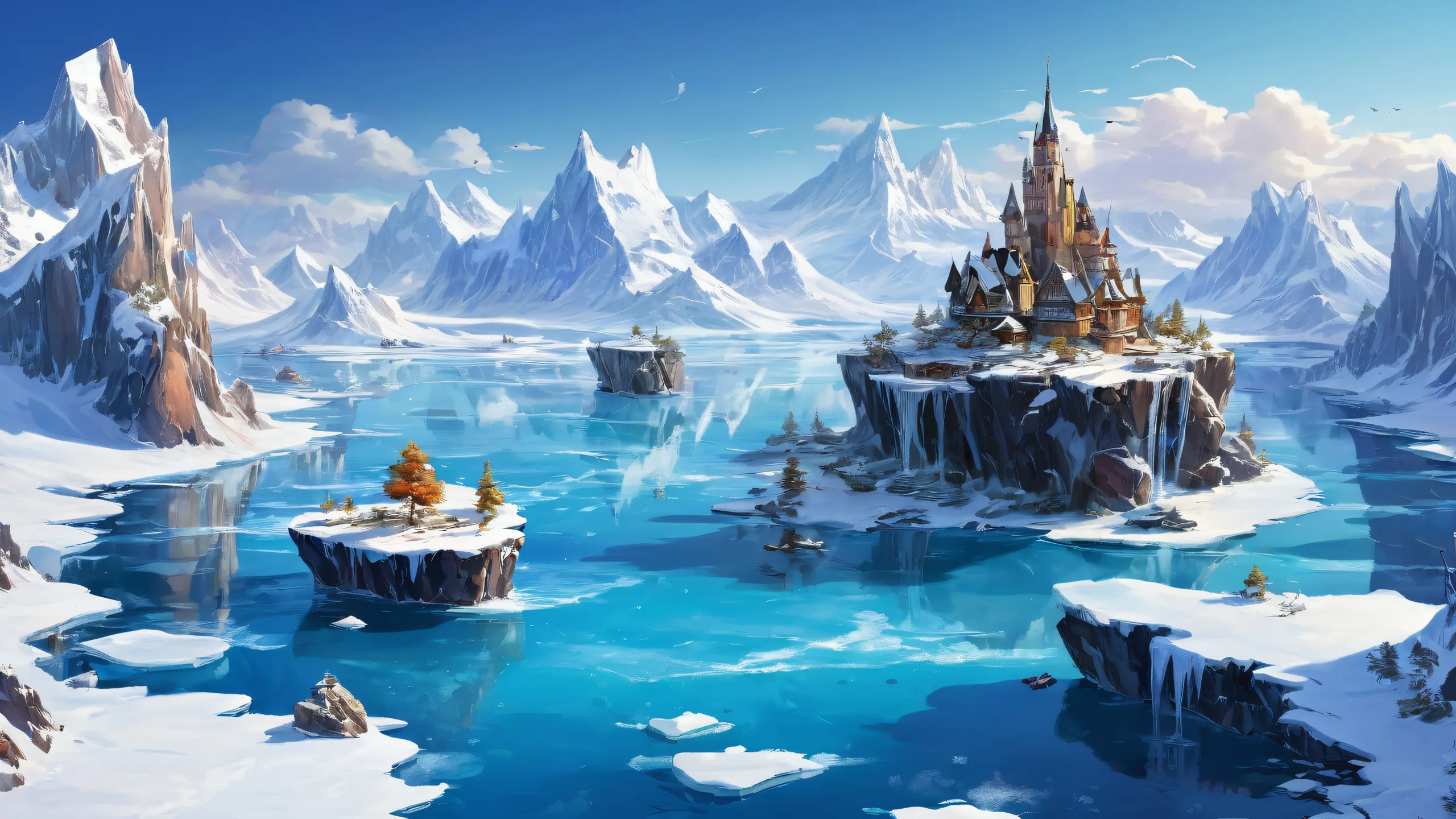 Stunning Winter Wonderland Isle Wallpaper Ethereal desktop scene of a frozen island archipelago on a pristine snowy background with towering structures and waterfalls for a high-quality macOS wallpaper