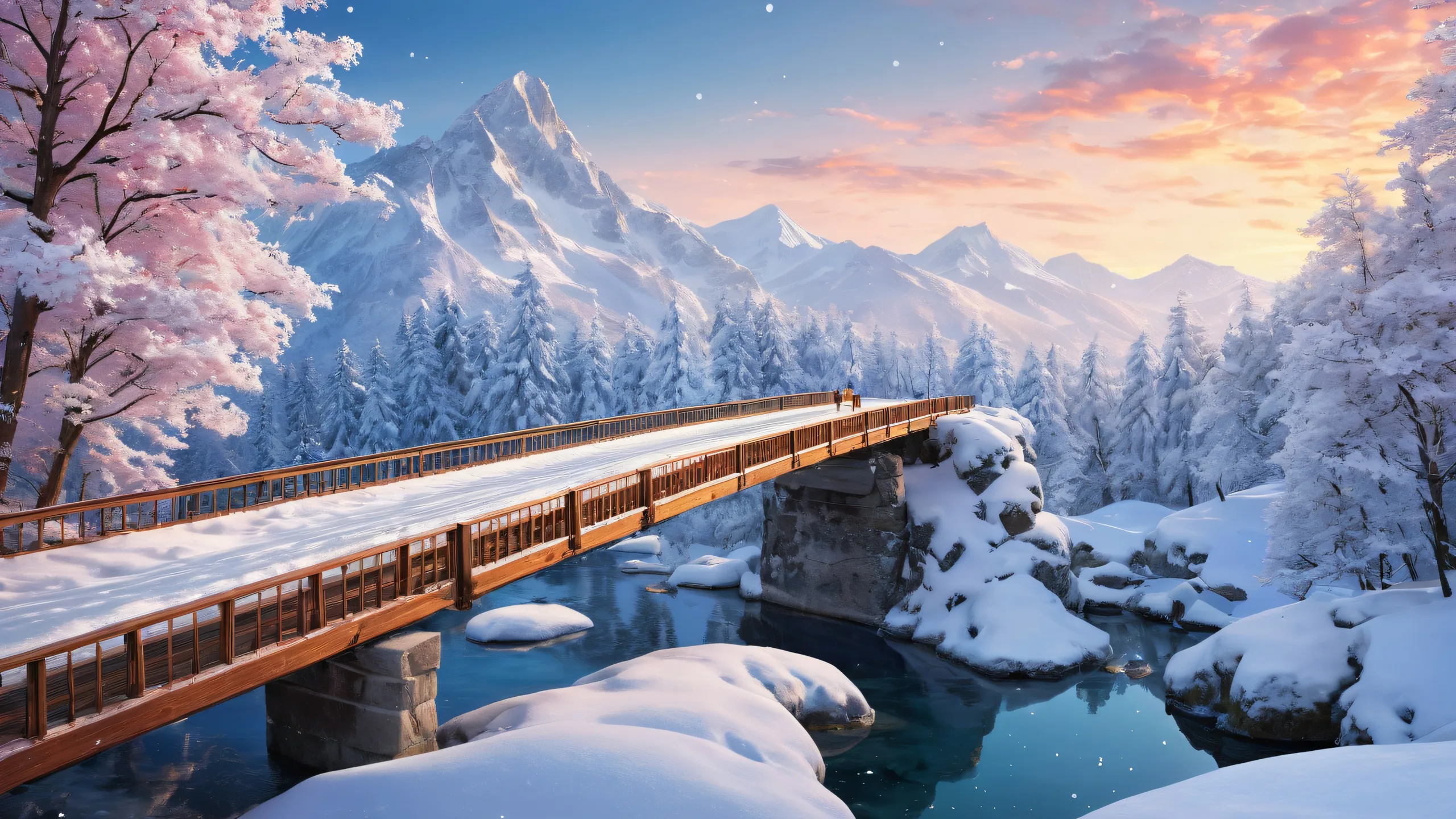 A serene winter desktop scene featuring a majestic bridge set against a perfectly clean vast pure void on a desktop/pc.