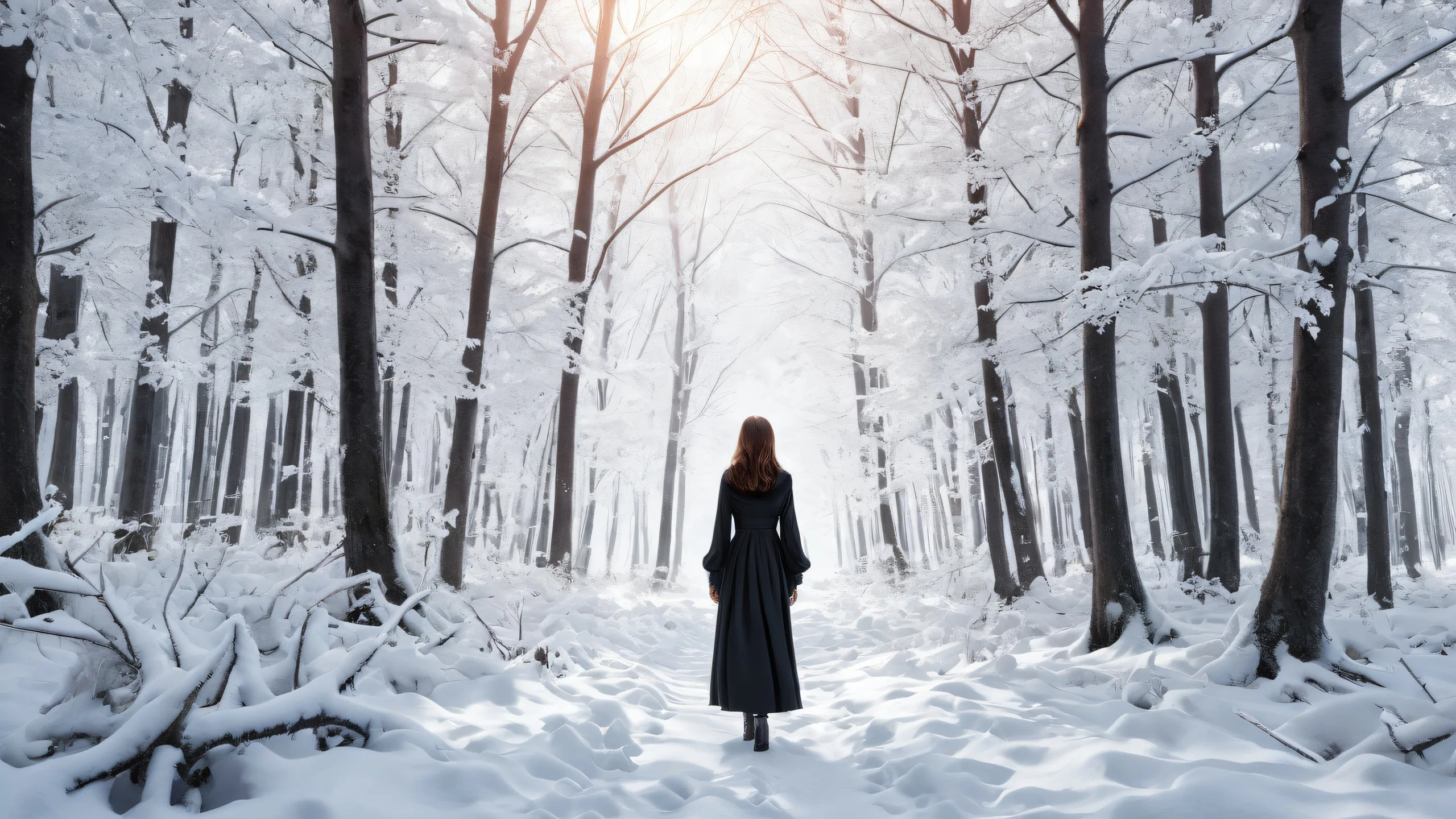 A serene winter forest landscape on a clean and pure void, perfect for your Desktop/PC.