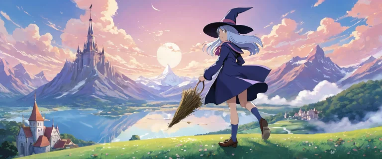 A majestic Witch Sucy Manbavaran stands in a vast, pur vide sur un ordinateur de bureau/PC, radiating warmth and wonder.