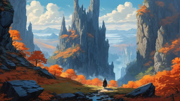 A wizard's journey through a mystical dark forest with broken stone walls and towering cliffs, perfect for your desktop or PC.