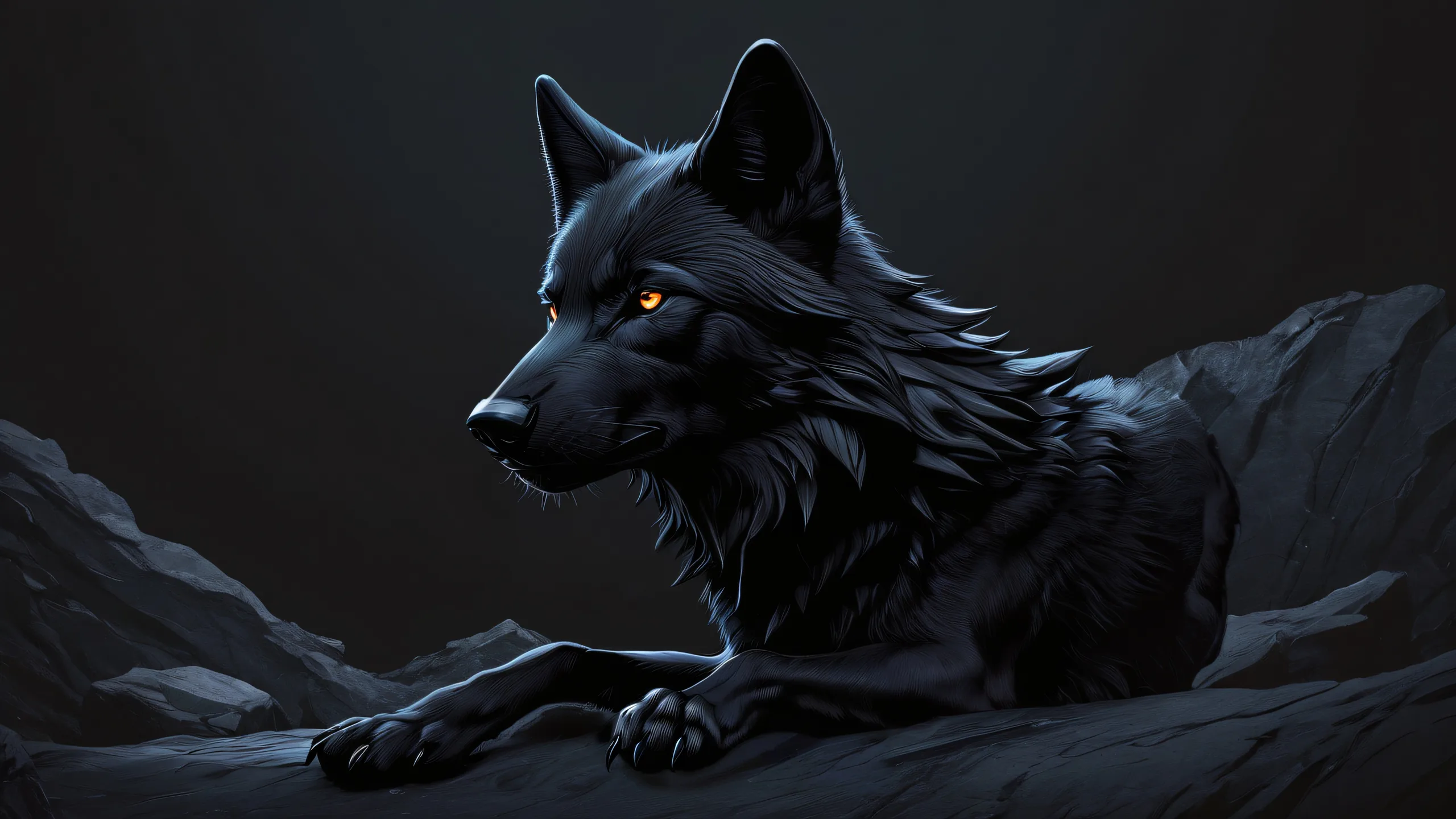 A dramatic desktop scene of Wolf Boy standing in a pristine void with deep blacks and luminescent accents against a pure white background, ideal for PC or Desktop use.