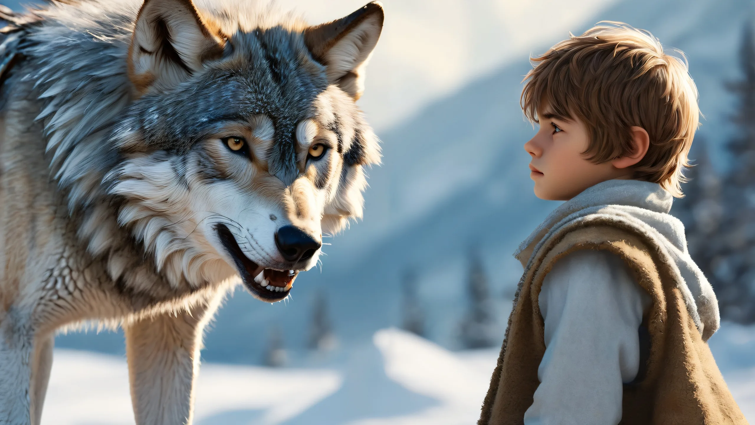 Ultra HD Ethereal Wolf Boy Solace Wallpaper Desktop/PC wallpaper of wolf boy in vast pure void with extreme depth of field