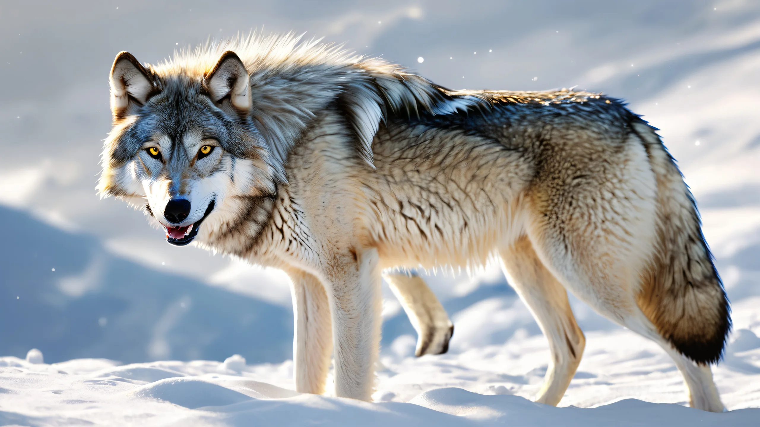 Epic Wolf's Cosmic Solitude Desktop Wallpaper A wolf stands out against a vast, pure void with ethereal lighting, creating a breathtaking desktop image for PCs and Desktops.