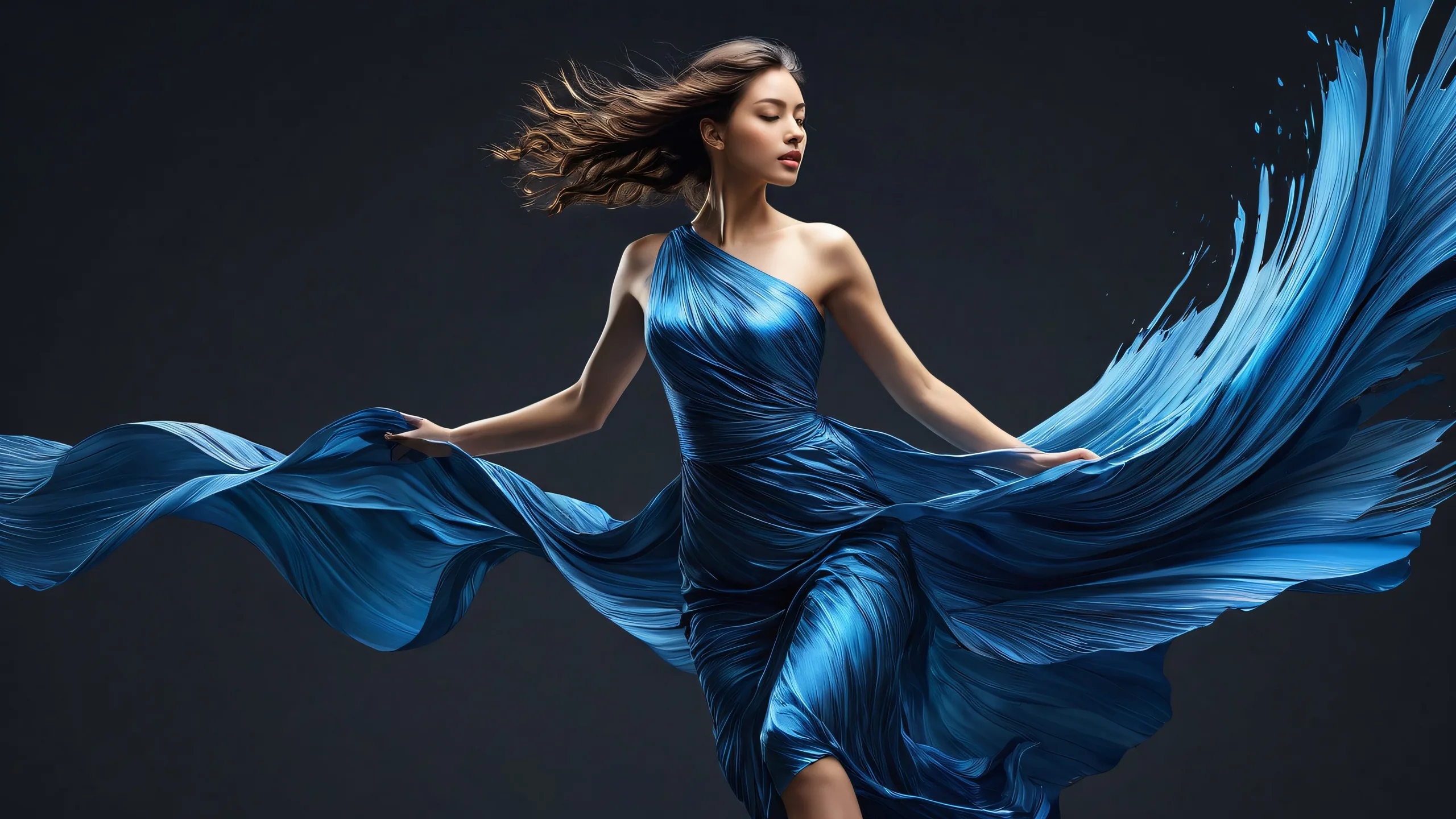 Woman in motion against dark grey background with blue paint streaks. Desktop/PC wallpaper.