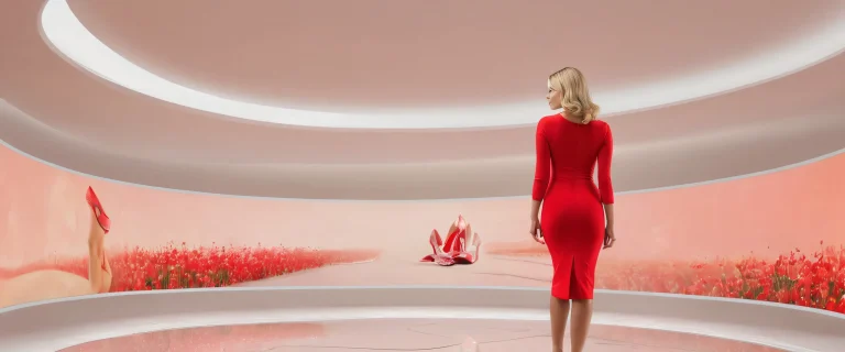 Stunning blonde woman in red minidress on a pure void desktop background, suitable for PC and Desktop use.